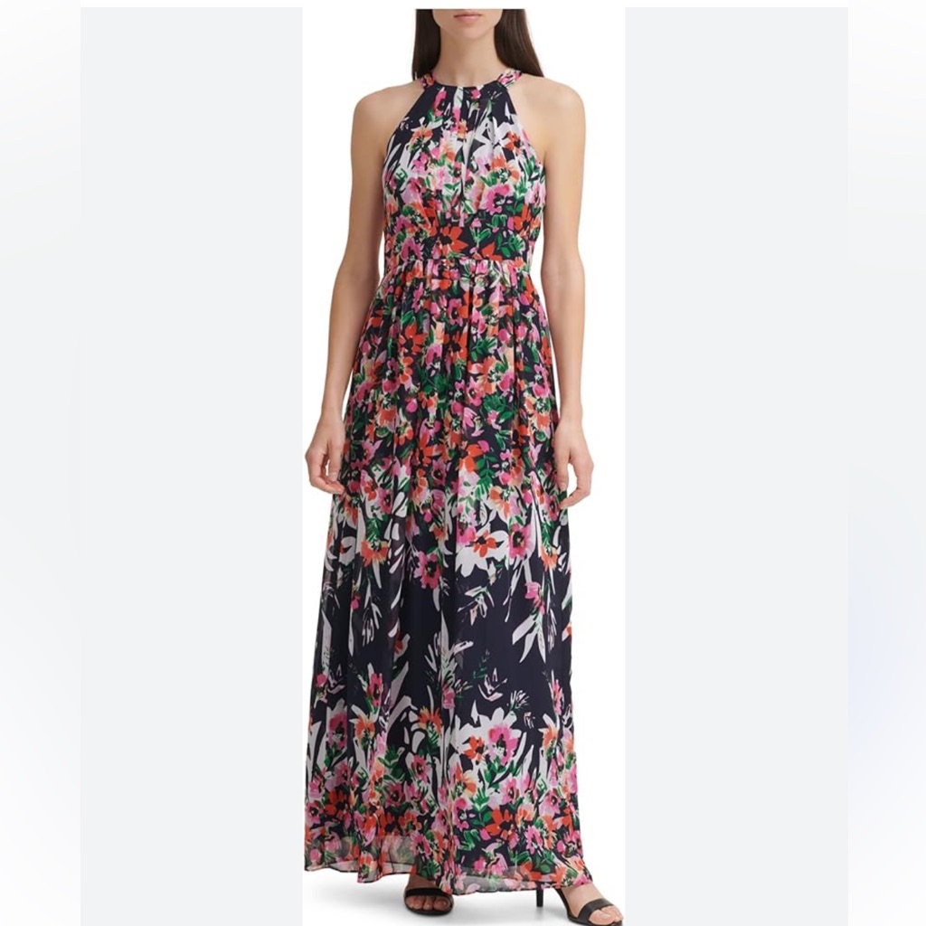 Eliza J Floral Pattern Chiffon Halter Maxi Dress Sz 12
